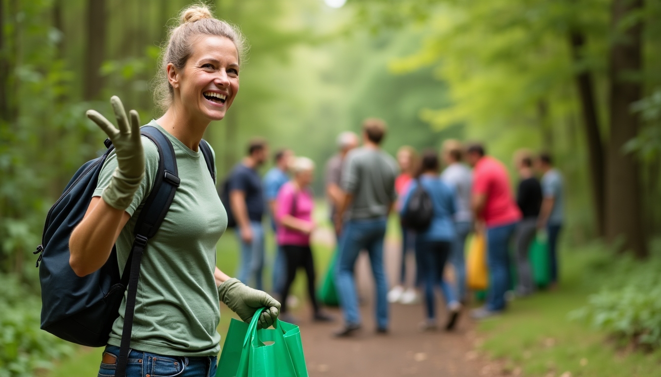 An environmental advocacy volunteer leading a community cleanup event in a park.
