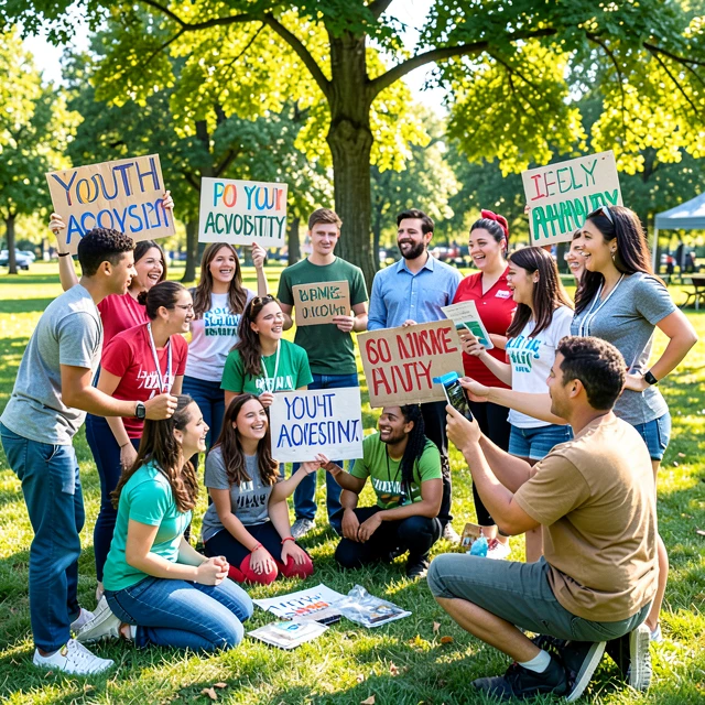 Diverse volunteers collaborating on a youth advocacy project