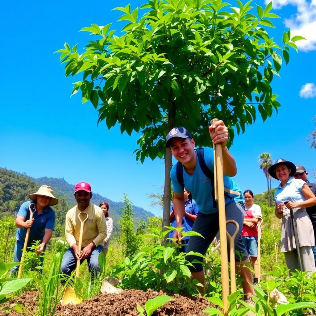 Volunteer planting trees with locals in Peru