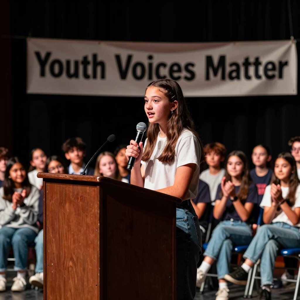 Teenage advocate speaking at a school event