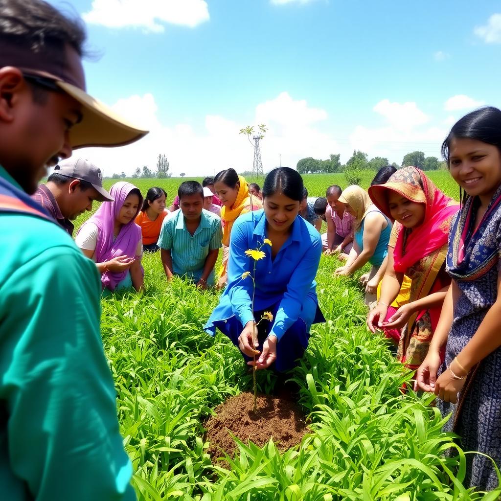 A volunteer and local community members plant trees together in a lush green field under a clear blue sky.