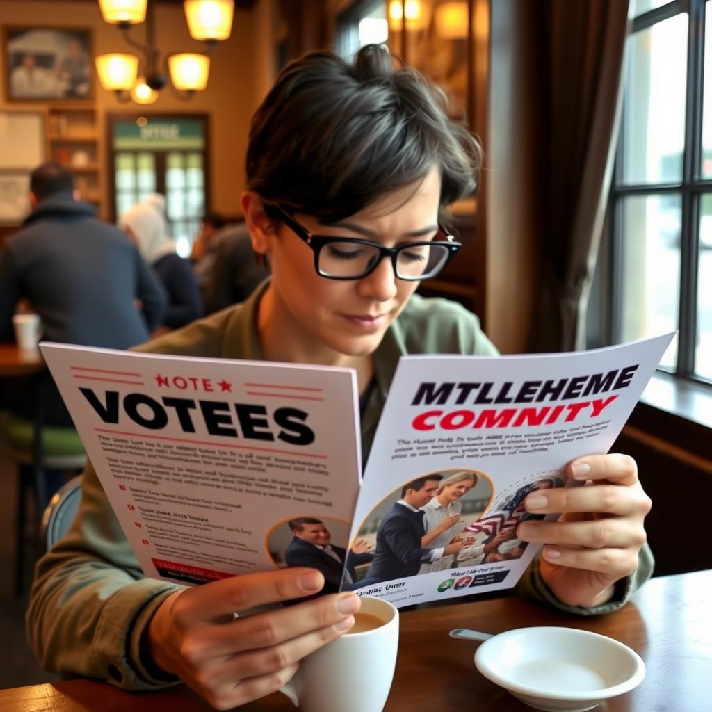 A voter reading a campaign flyer in a cozy coffee shop.