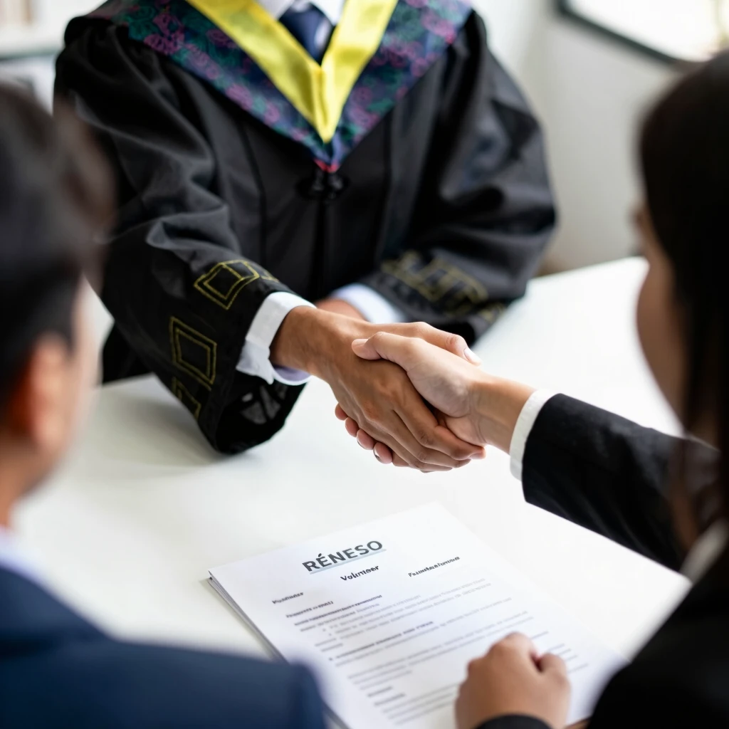 College graduate shaking hands at job interview, with volunteer experience highlighted on resume