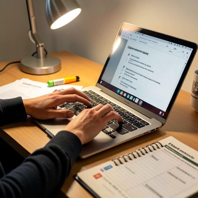 Writer meticulously editing a grant proposal on laptop