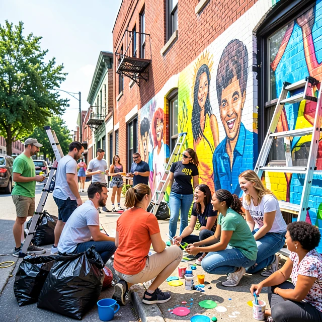 Community mural painting and cleanup project with student volunteers