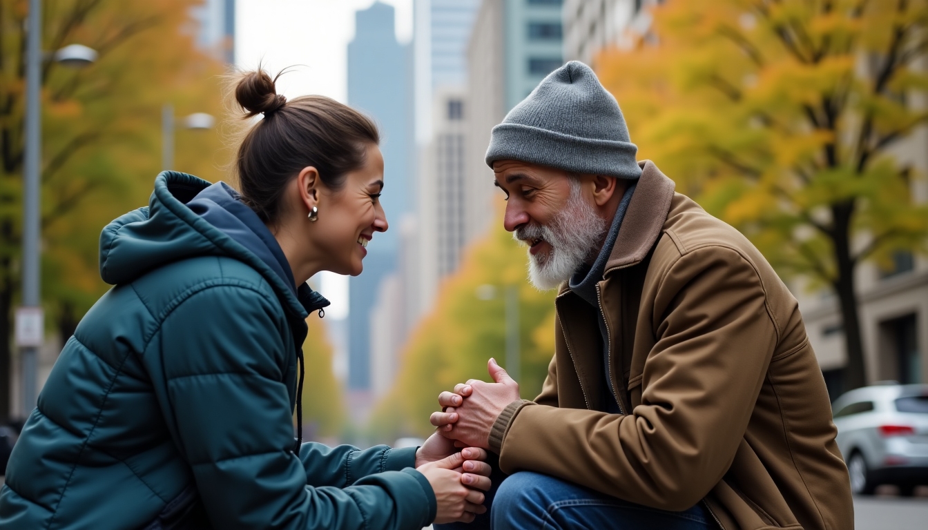 Volunteer providing support to a homeless person, highlighting compassion and community service.