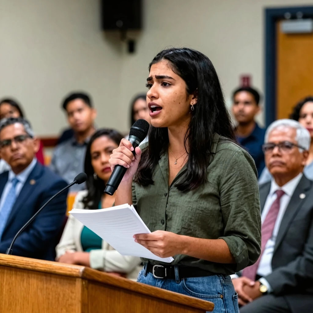 Young volunteer advocate speaking at a community town hall meeting