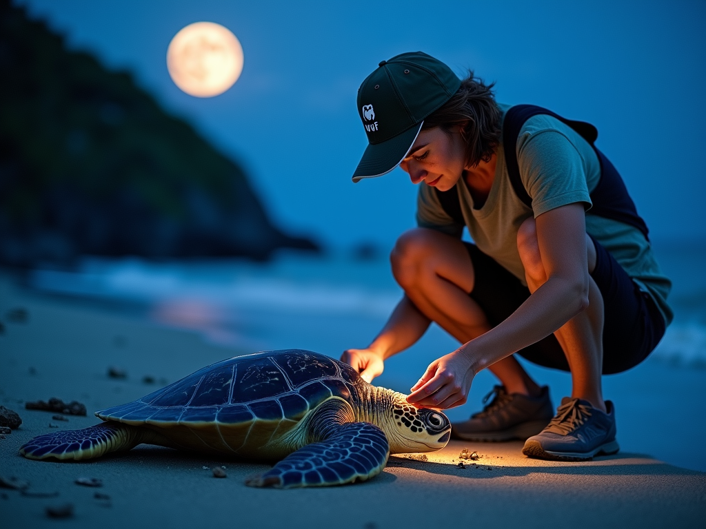 Volunteer monitoring sea turtle nesting.