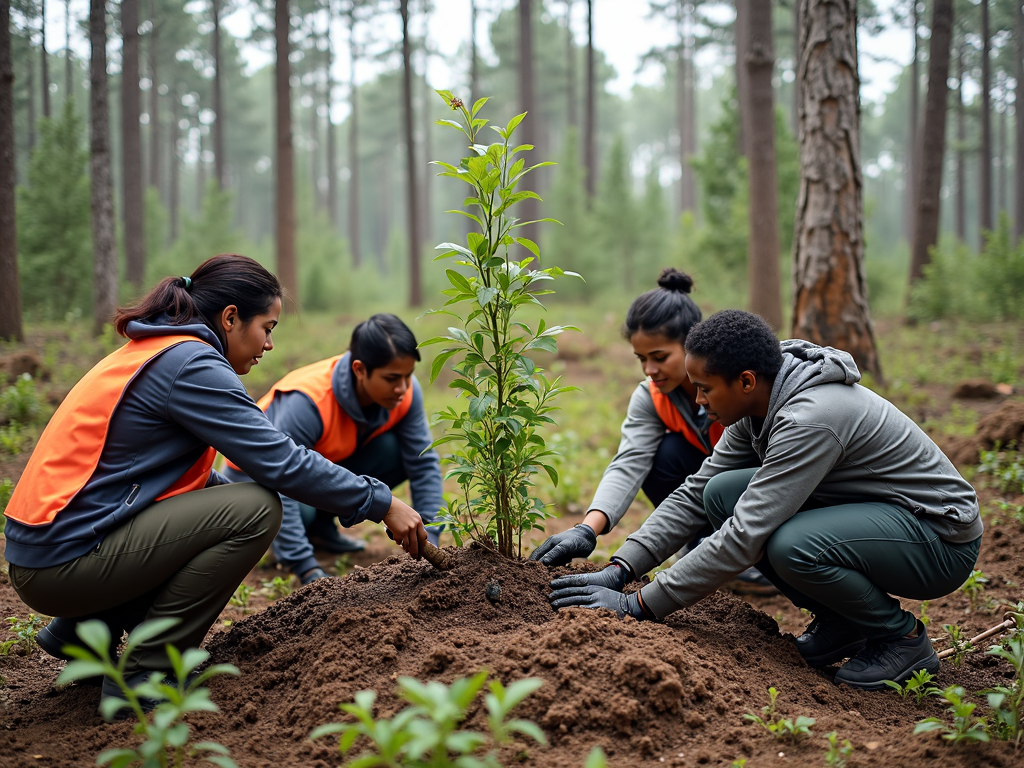 Volunteers planting trees to restore a deforested area