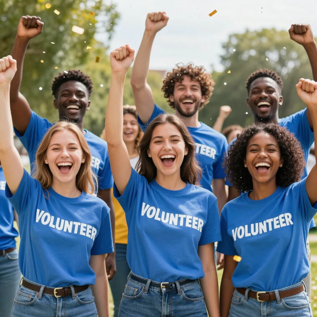 Diverse advocacy volunteers celebrating campaign success