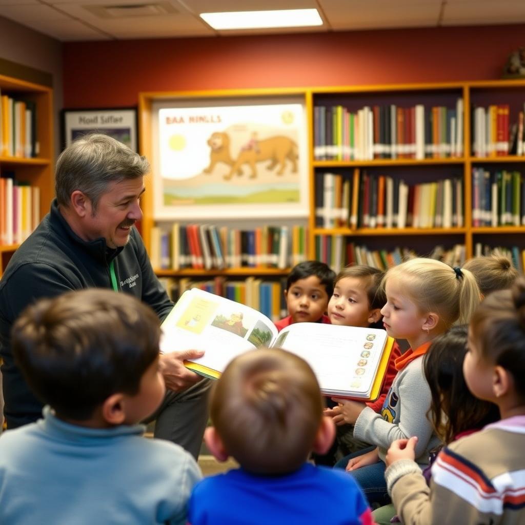Volunteer reading an engaging story to children in a colorful library setting.
