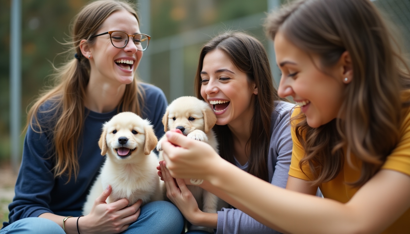 College students happily volunteering at a local animal shelter, playing with puppies.