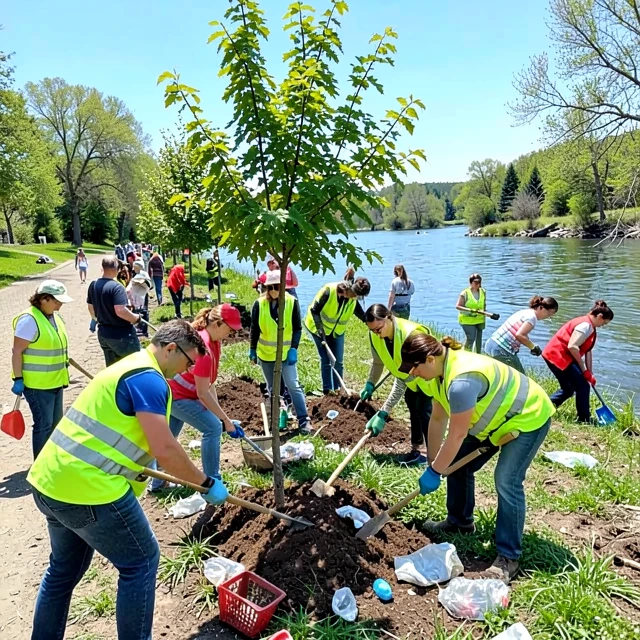 Volunteers actively working together on a local environmental cleanup project