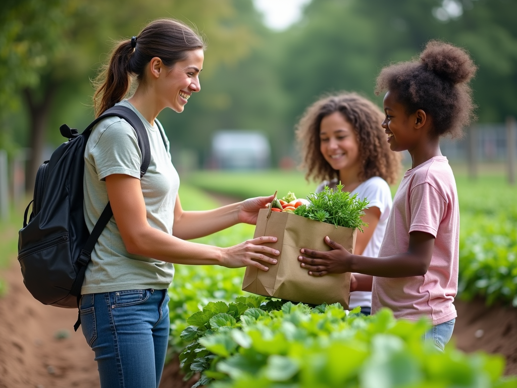 Student giving vegetables to a family from a service learning garden project