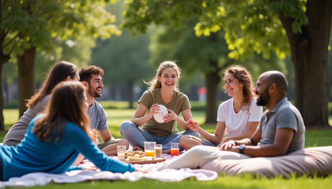 A group of volunteers taking a relaxing break outdoors, illustrating work-life balance in advocacy programs.