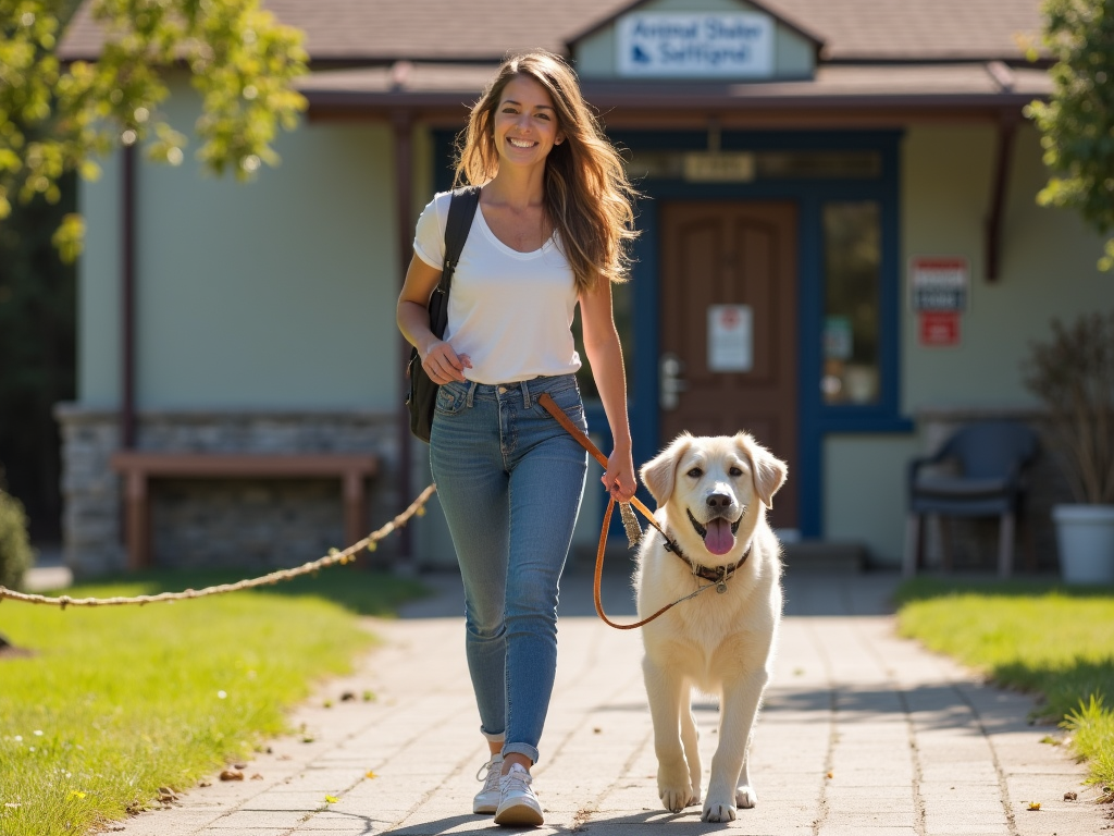Young woman volunteering with a dog at an animal shelter.
