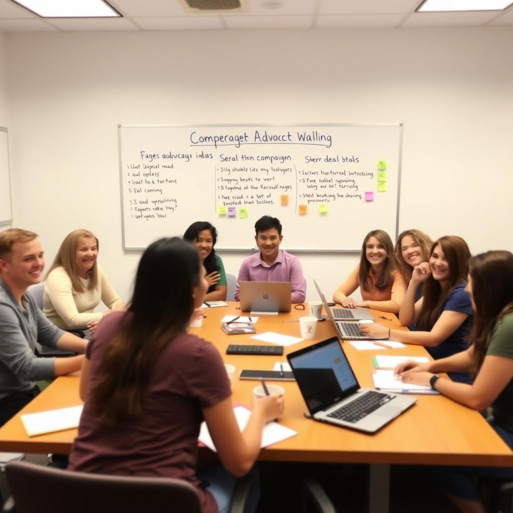 A diverse group of volunteers brainstorming in a meeting room, with laptops, coffee cups, and a whiteboard listing campaign goals.
