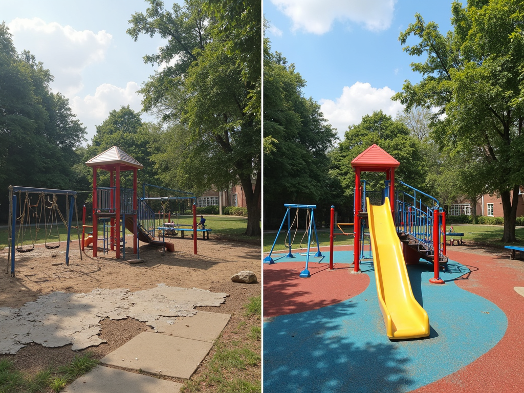 Before and after of a playground restored by community volunteers