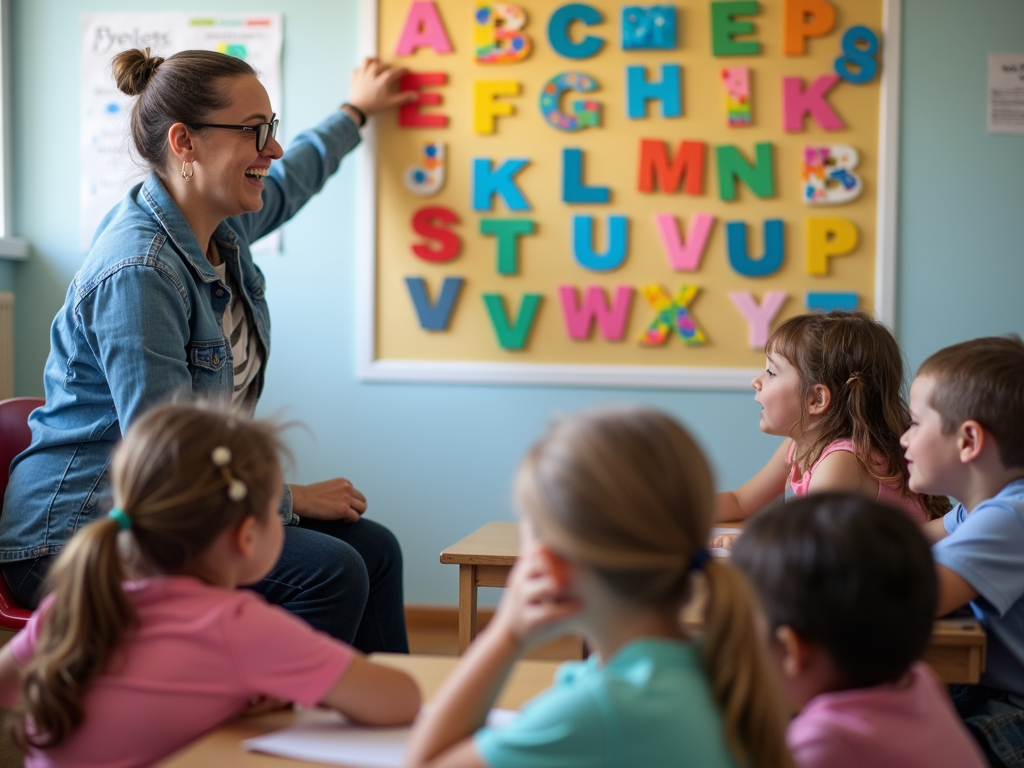 Volunteer teaching English to children.