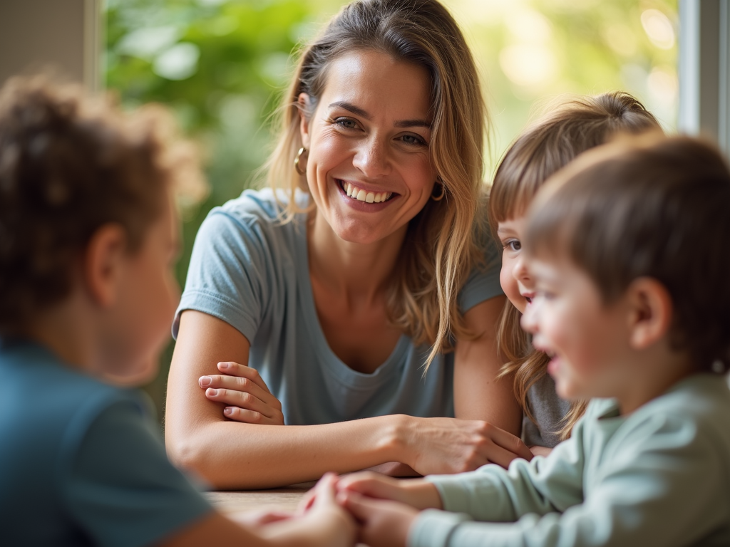 A volunteer smiling while interacting with children.