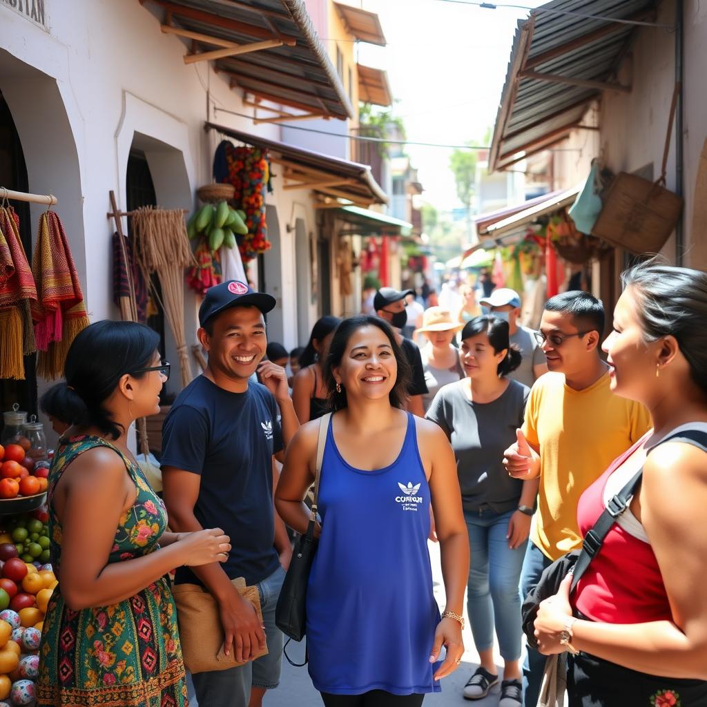 Volunteers practicing Spanish with locals at a colorful street market in a Latin American town.