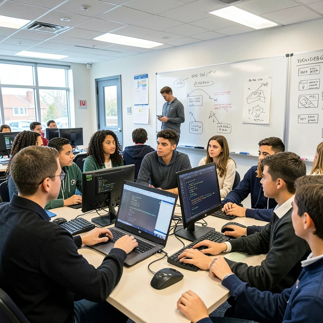 Tech volunteer teaching coding to students