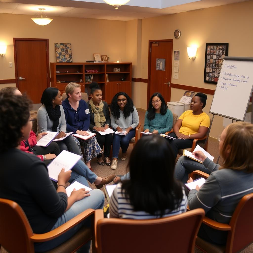 Students and community members in a reflection session at a community center.