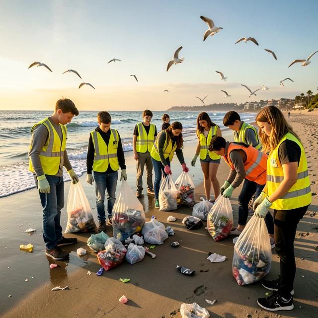 Teen volunteers cleaning a beach as part of a service learning initiative