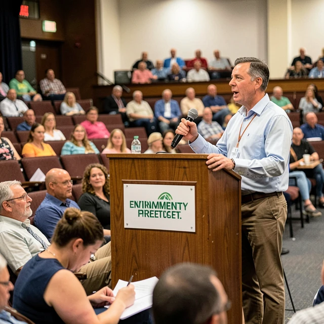 Advocate delivering a speech at a town hall meeting