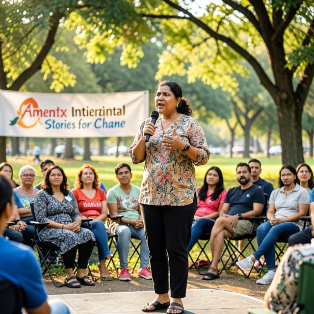 Woman sharing a personal story at an advocacy event to engage the audience
