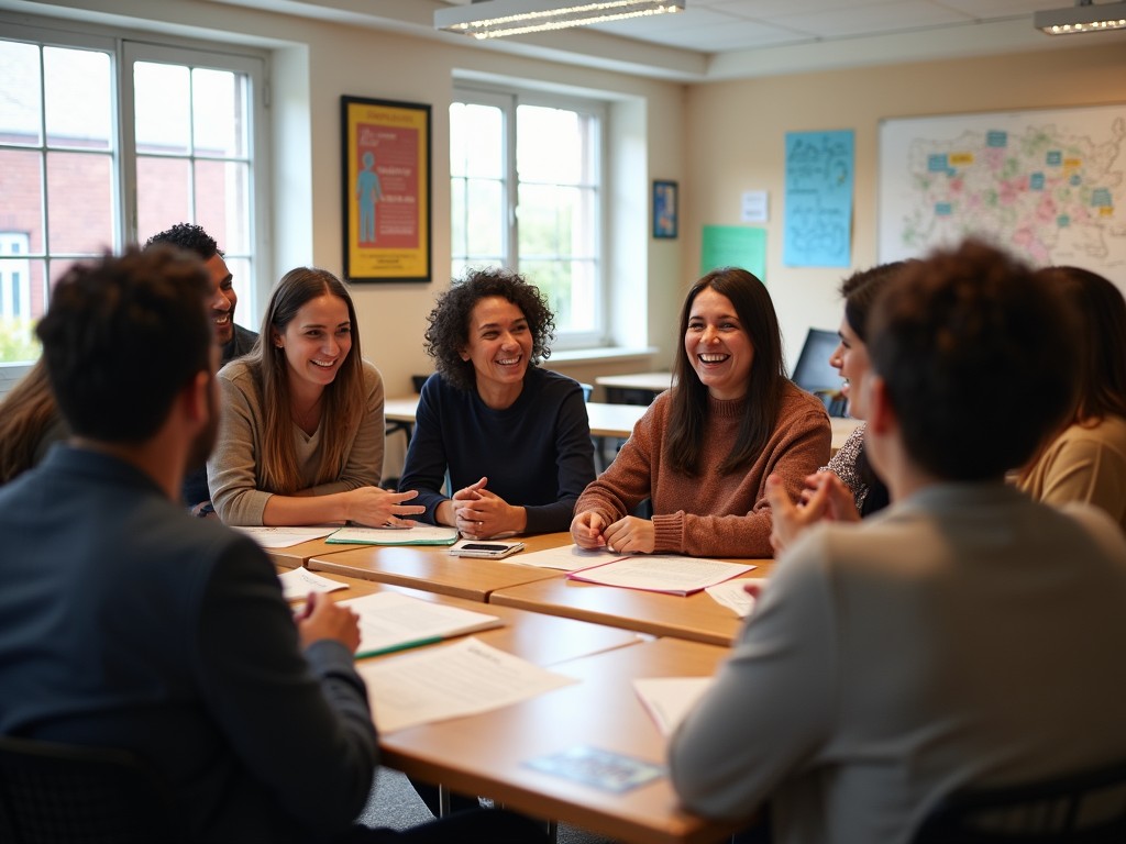Volunteers collaborating on an advocacy project, their faces focused and attentive