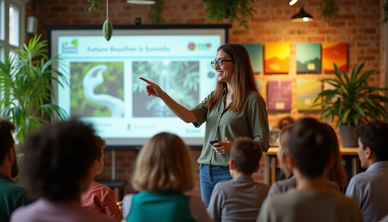 A volunteer speaking about environmental conservation at a community event.