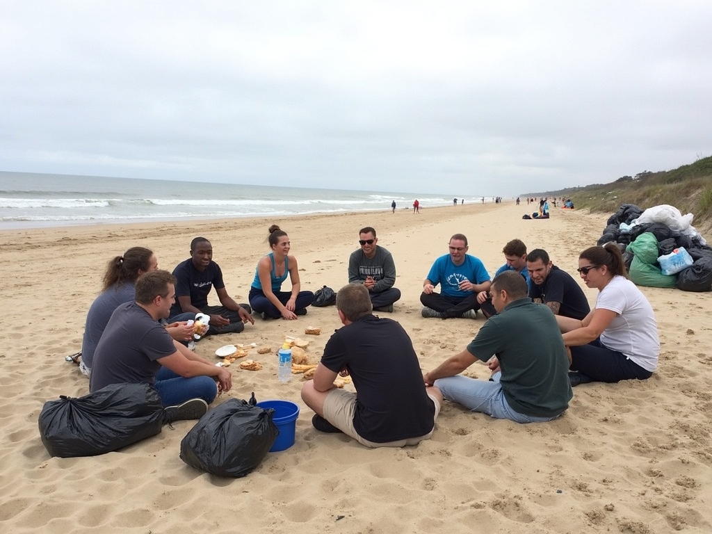 Volunteers resting on a beach after a successful cleanup event.