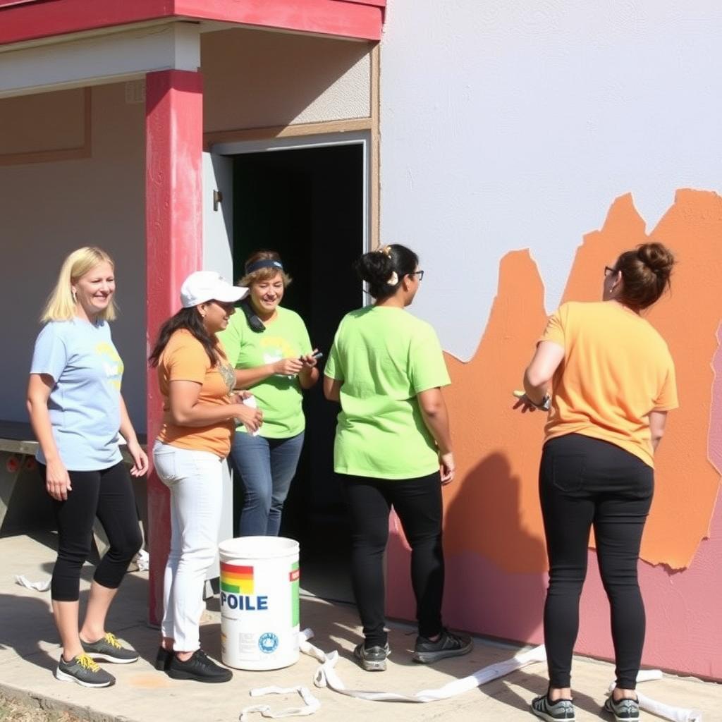 Four friends, arms around each other, stand proudly in front of a newly painted community center. Their clothes are splattered with paint, but their smiles are bright. Behind them, children play on the fresh, colorful playground.