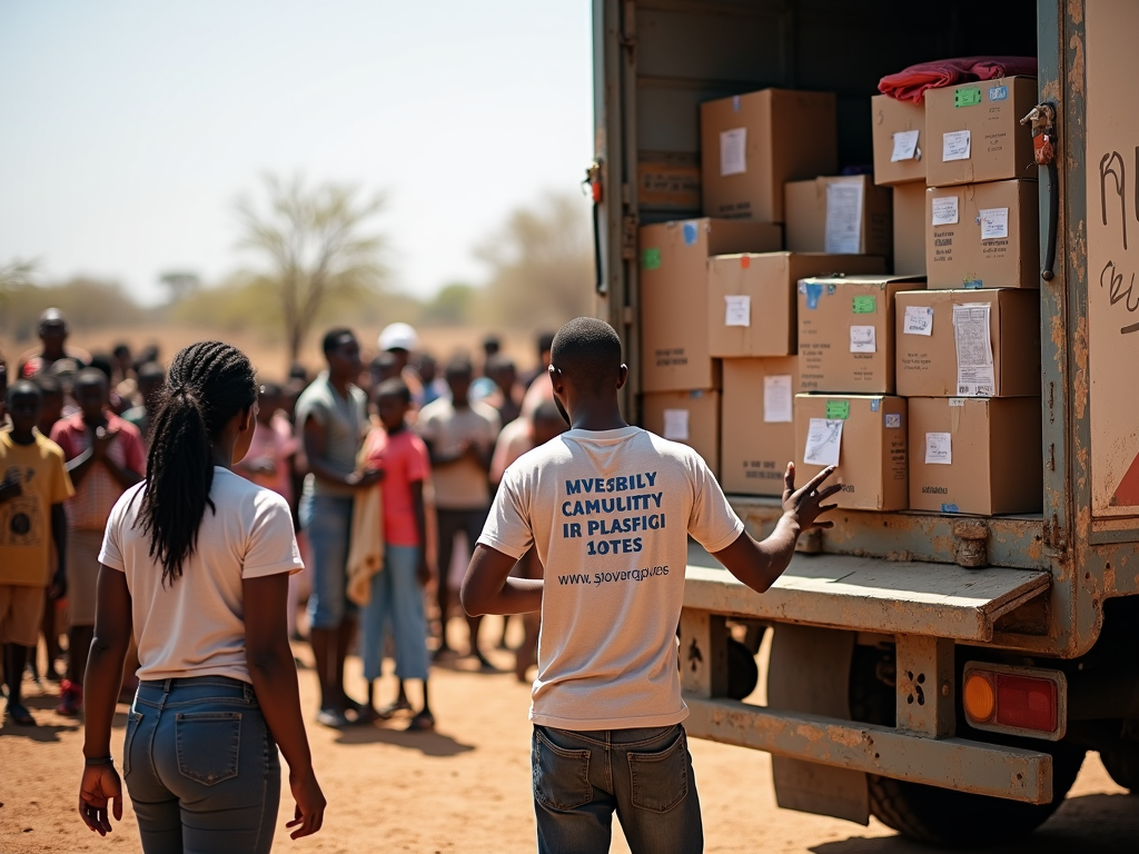 Volunteers delivering medical supplies to a village
