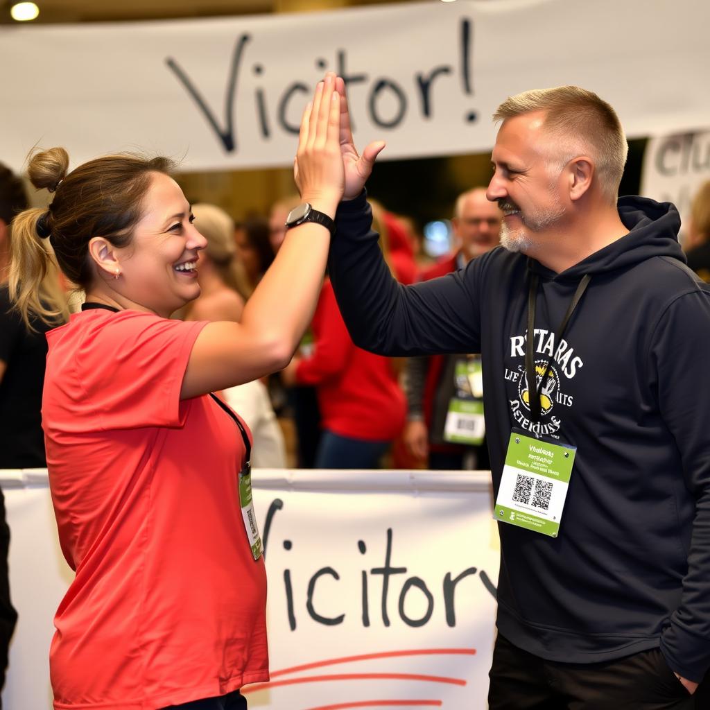 Volunteers celebrating with a high-five next to a “Victory!” banner after an event.