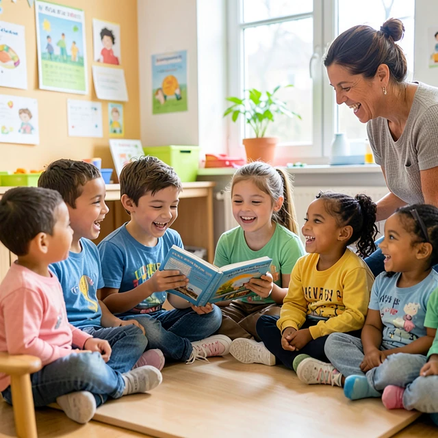 Volunteer teaching and reading to young children in a classroom