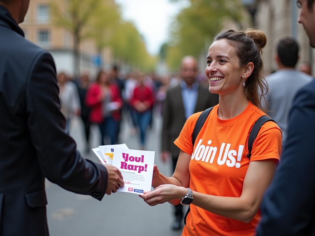 Volunteer sharing flyers with the public