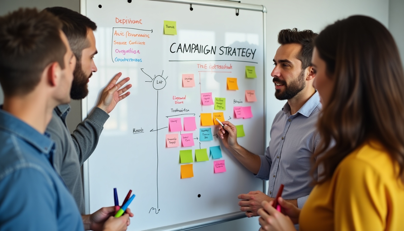 Team planning a campaign strategy on a whiteboard.