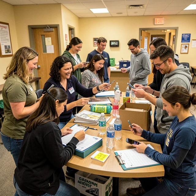 Diverse volunteers managing tasks and taking breaks at a community center