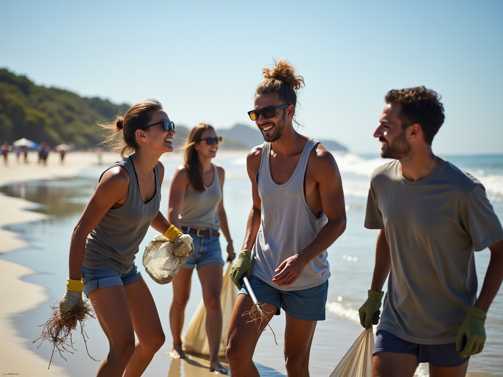 Volunteers cleaning up a beach.