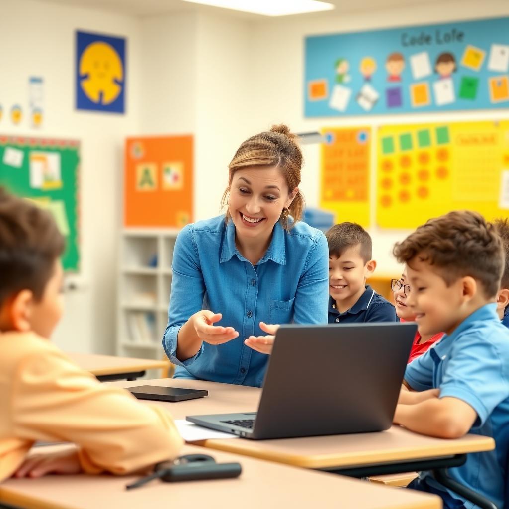A woman teaching children coding in a bright classroom with educational posters.