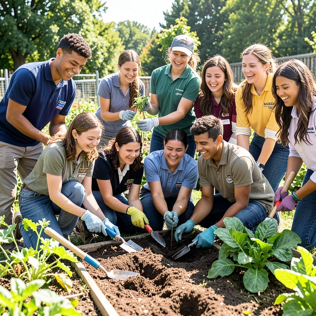 Students and community members collaborate on a garden project during service learning