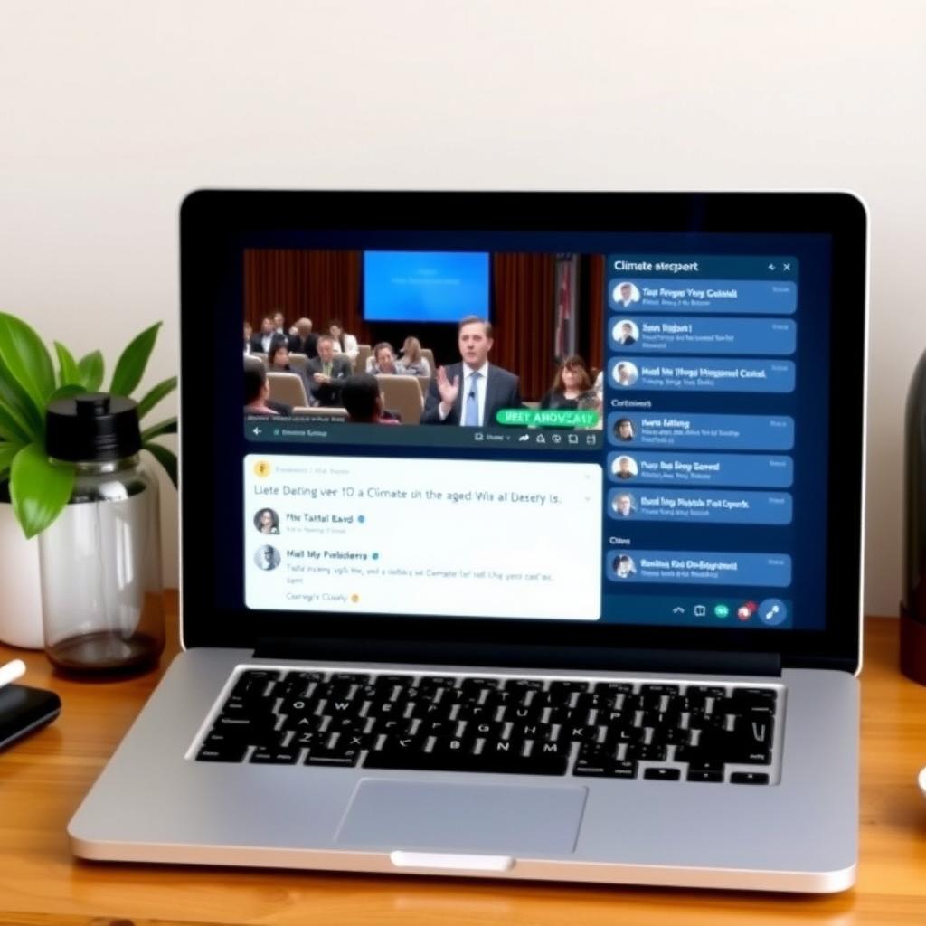 Laptop displaying a live stream of a virtual climate advocacy event