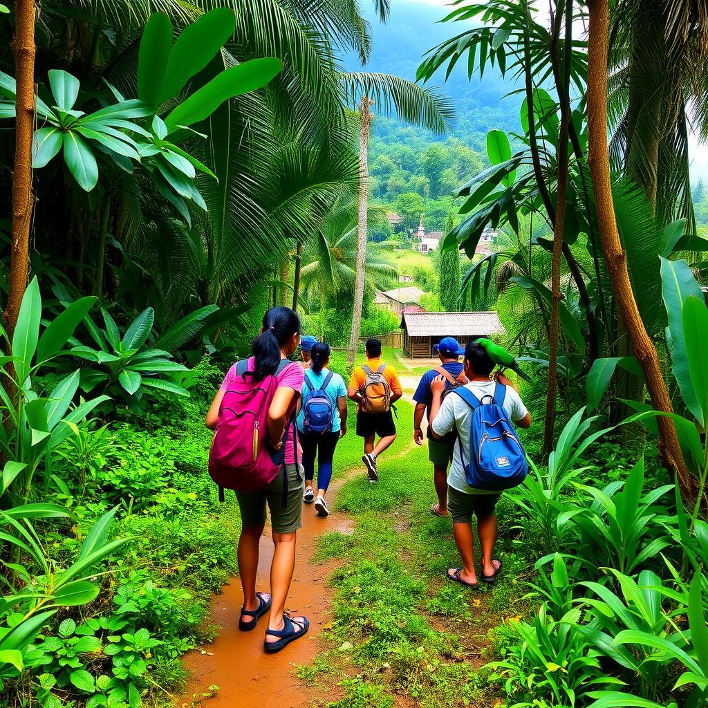 A volunteer hikes through a jungle trail with local guides, surrounded by lush greenery and a distant village.