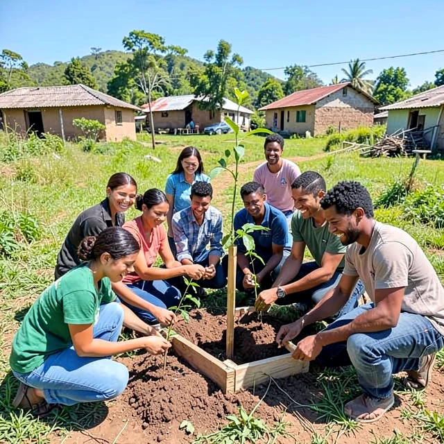 Group of international volunteers collaborating with locals on a community project
