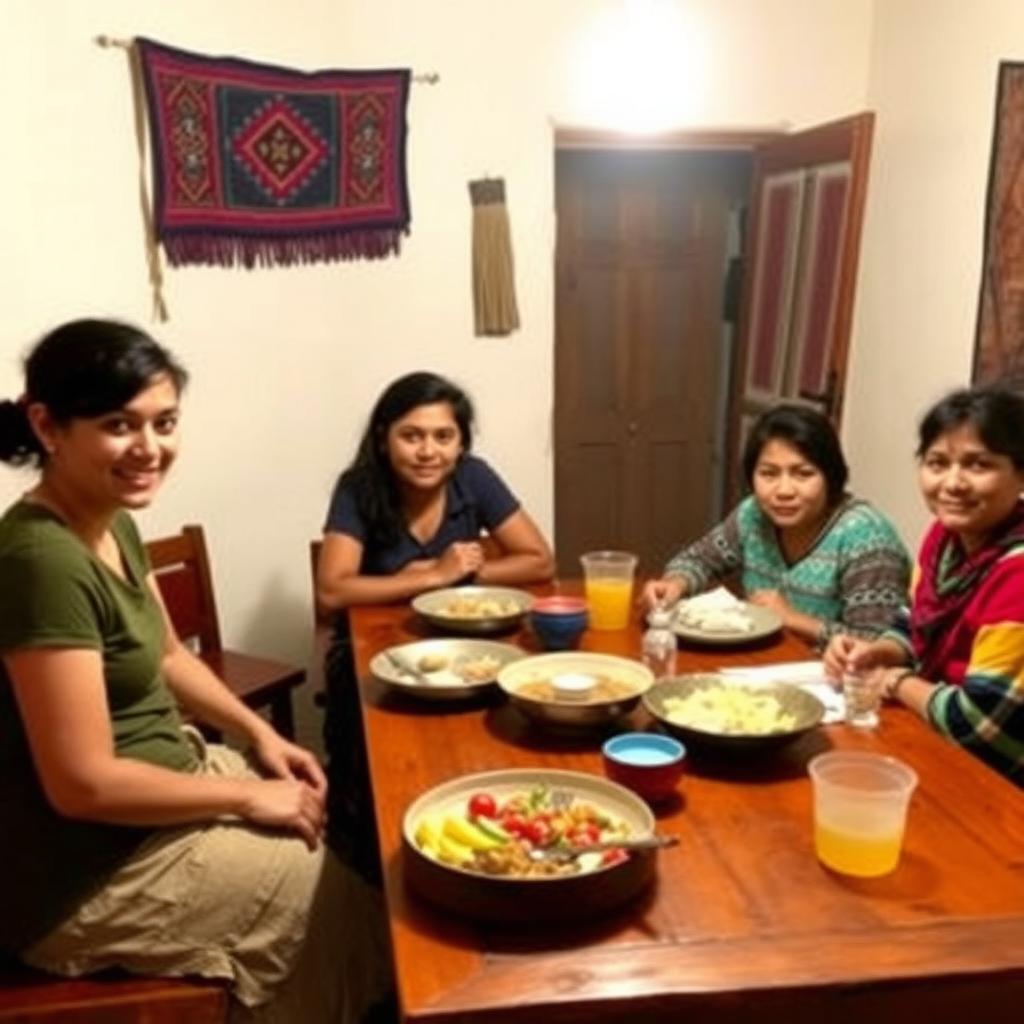 Volunteer and host family sharing a meal in a colorful Peruvian homestay.