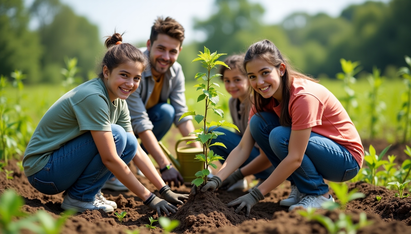 Young volunteers planting trees in a rural area.
