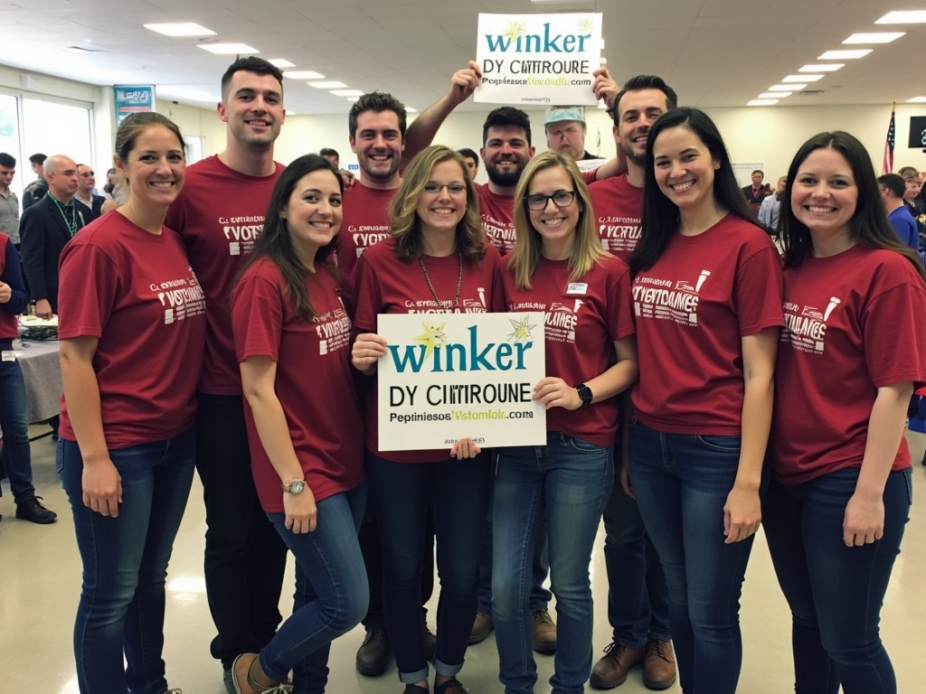 A team of enthusiastic volunteers posing for a group photo at a campaign event, showcasing their unity and commitment to the cause.