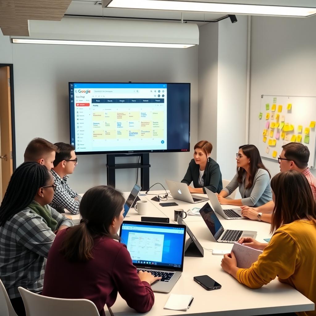 Volunteer team collaborating in an office, reviewing a shared Google Calendar on a screen